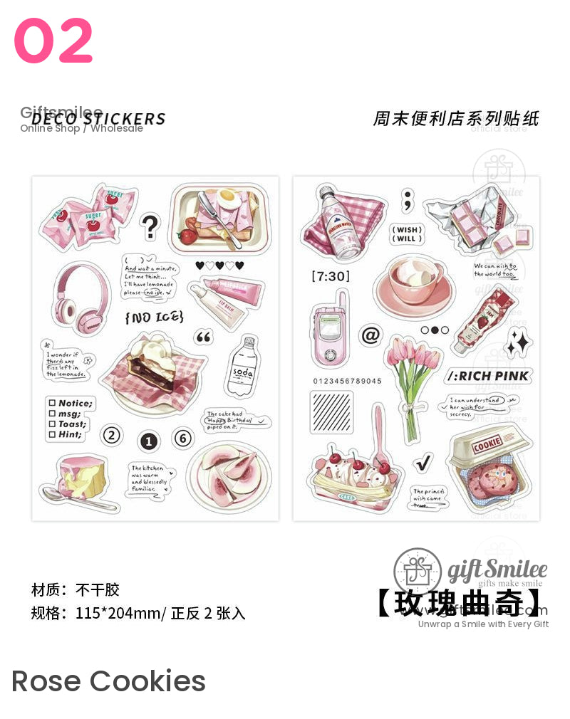Pink picnic-themed deco stickers sheet set with roses, cookies, tea cup, and pastel accessories – “Rose Cookies” collection for planners and scrapbooking