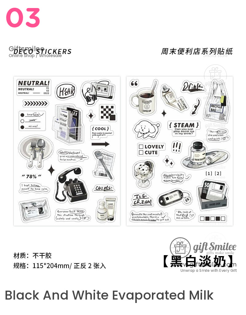 Black and white cafe-themed deco sticker sheets featuring coffee mug, utensils, phone, cassette, ice cream, and “Black and White Evaporated Milk” design.