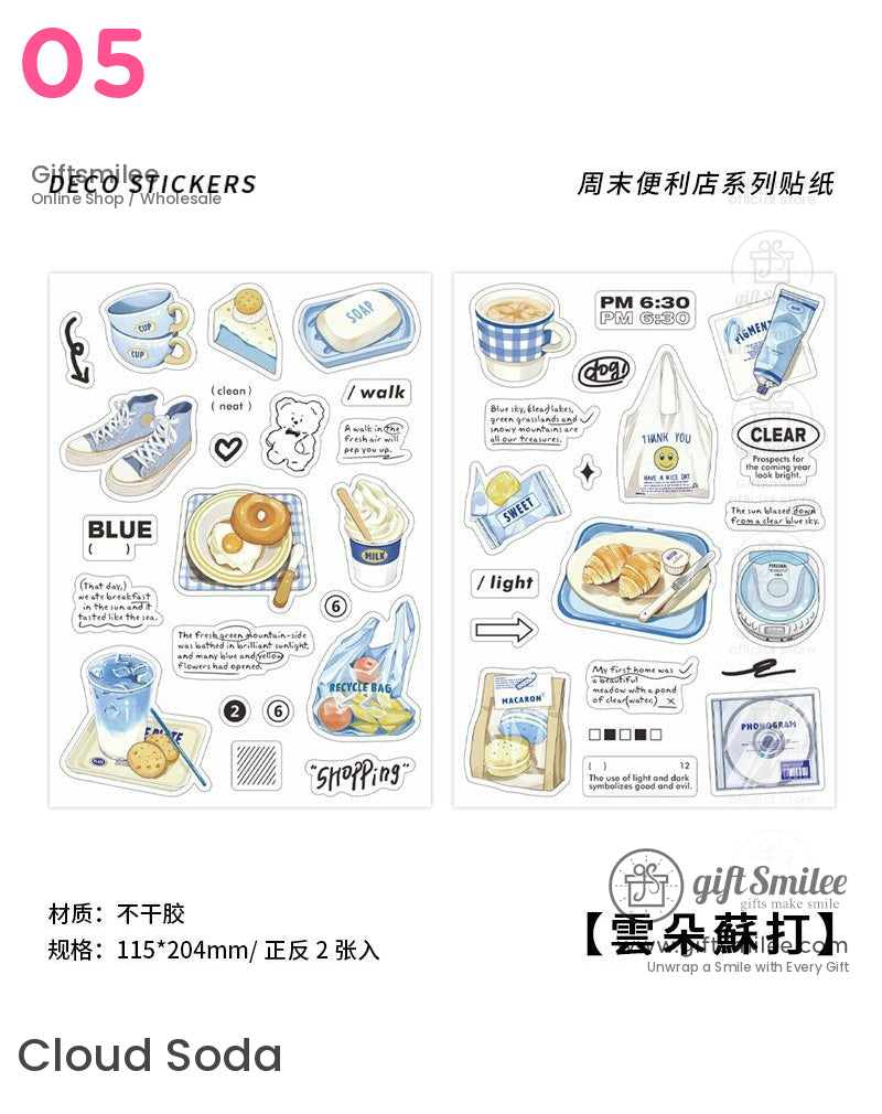 “Blue-themed convenience store sticker sheet set with coffee cup, sneakers, soap, croissant tray, and grocery bag illustrations – Cloud Soda design”