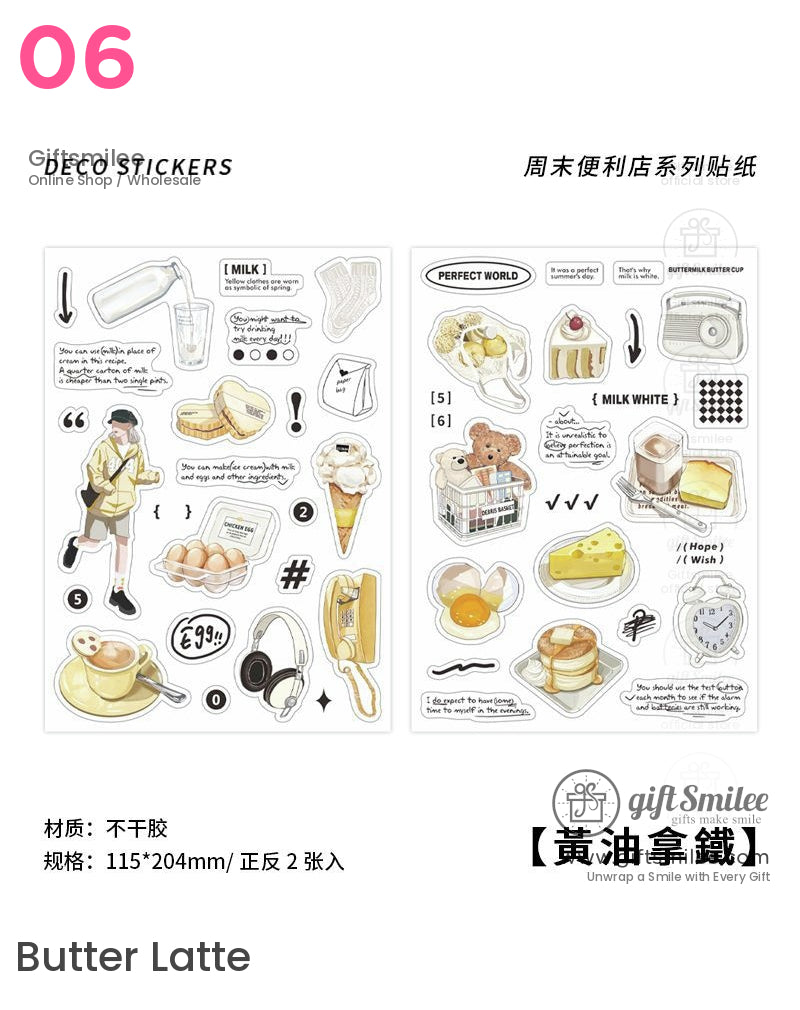 “Butter Latte themed deco sticker sheets with milk, eggs, desserts, camera, headphones and breakfast illustrations – cute stationery for journaling and scrapbooking”