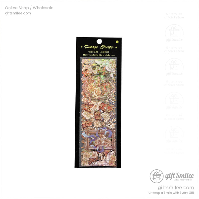 Vintage cloister floral holographic sticker sheet in black packaging – decorative rose and botanical design for scrapbooking and journaling.