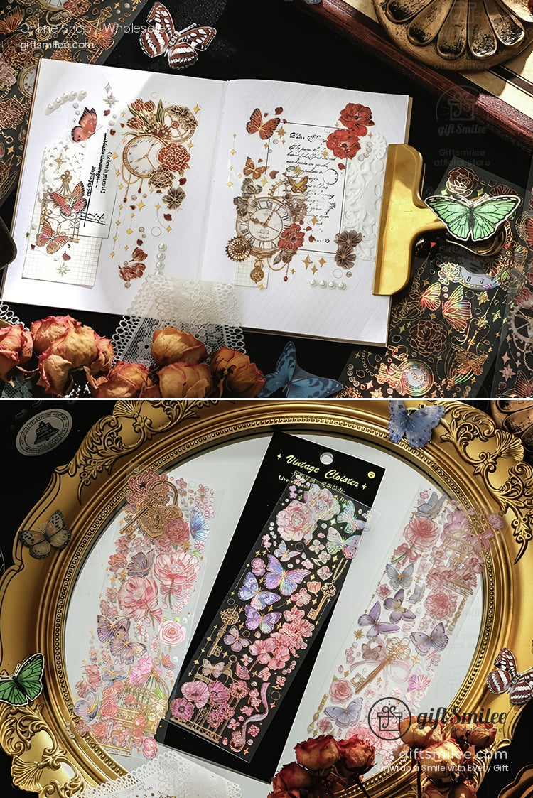 Vintage floral and butterfly holographic stickers displayed with a decorated journal and gold accessories – perfect for scrapbooking and planners.