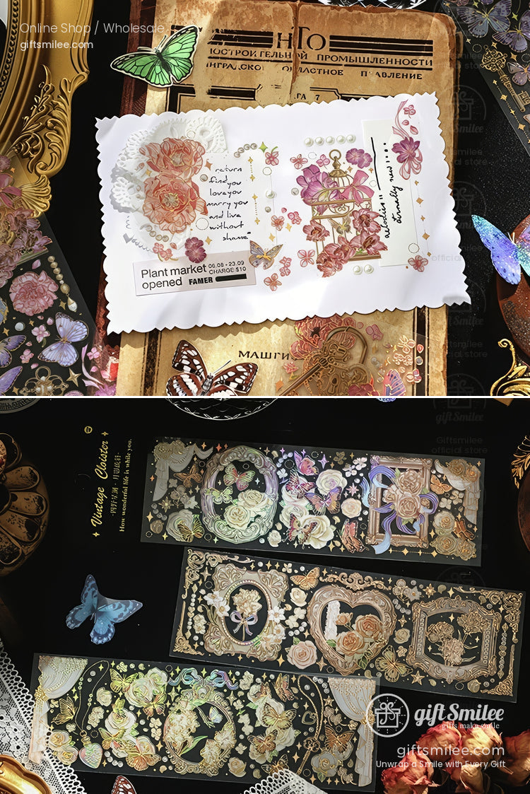 Vintage-style floral and butterfly scrapbooking stickers displayed on dark background with decorative bookmarks.