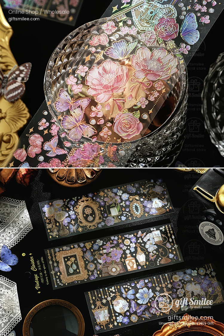 Holographic floral and butterfly decorative stickers for scrapbooking and journaling, vintage aesthetic bookmarks and frames set from giftSmilee wholesale shop
