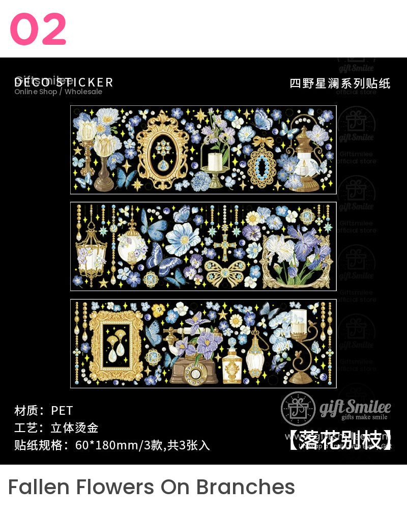 Blue floral and gold vintage frame decorative stickers on black background – “Fallen Flowers On Branches” PET sticker set, 60x180mm, 3 sheets.