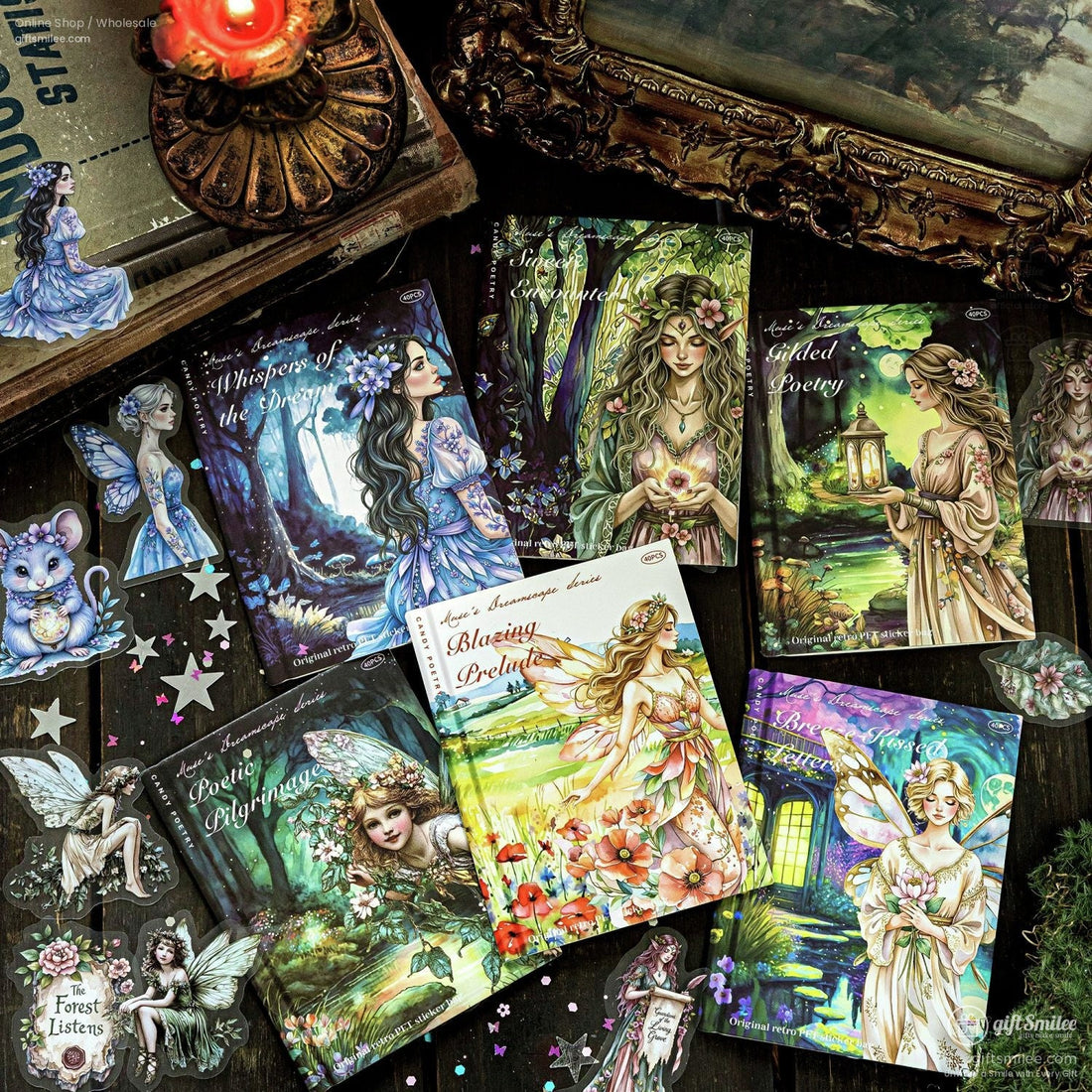 Fantasy fairy-themed illustrated notebooks and stickers arranged on a rustic table, perfect for journaling and scrapbooking.