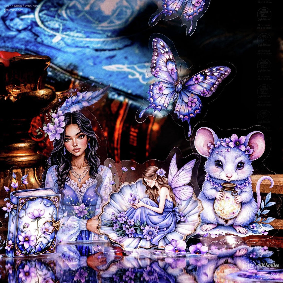 Fantasy fairy-themed illustrated notebooks and stickers arranged on a rustic table, perfect for journaling and scrapbooking.