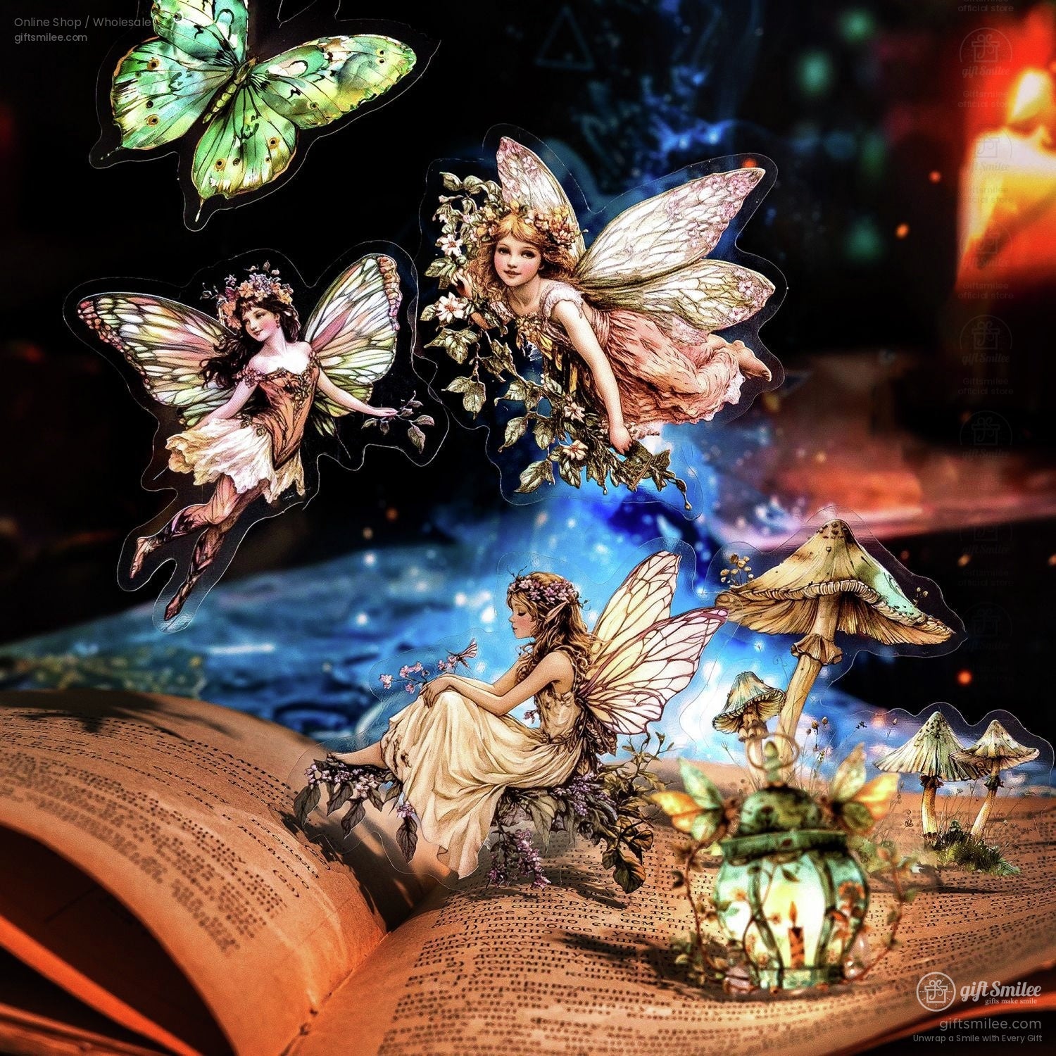 Vintage fairy stickers on an open book with mushrooms and glowing lantern – whimsical fantasy art for scrapbooking and crafts