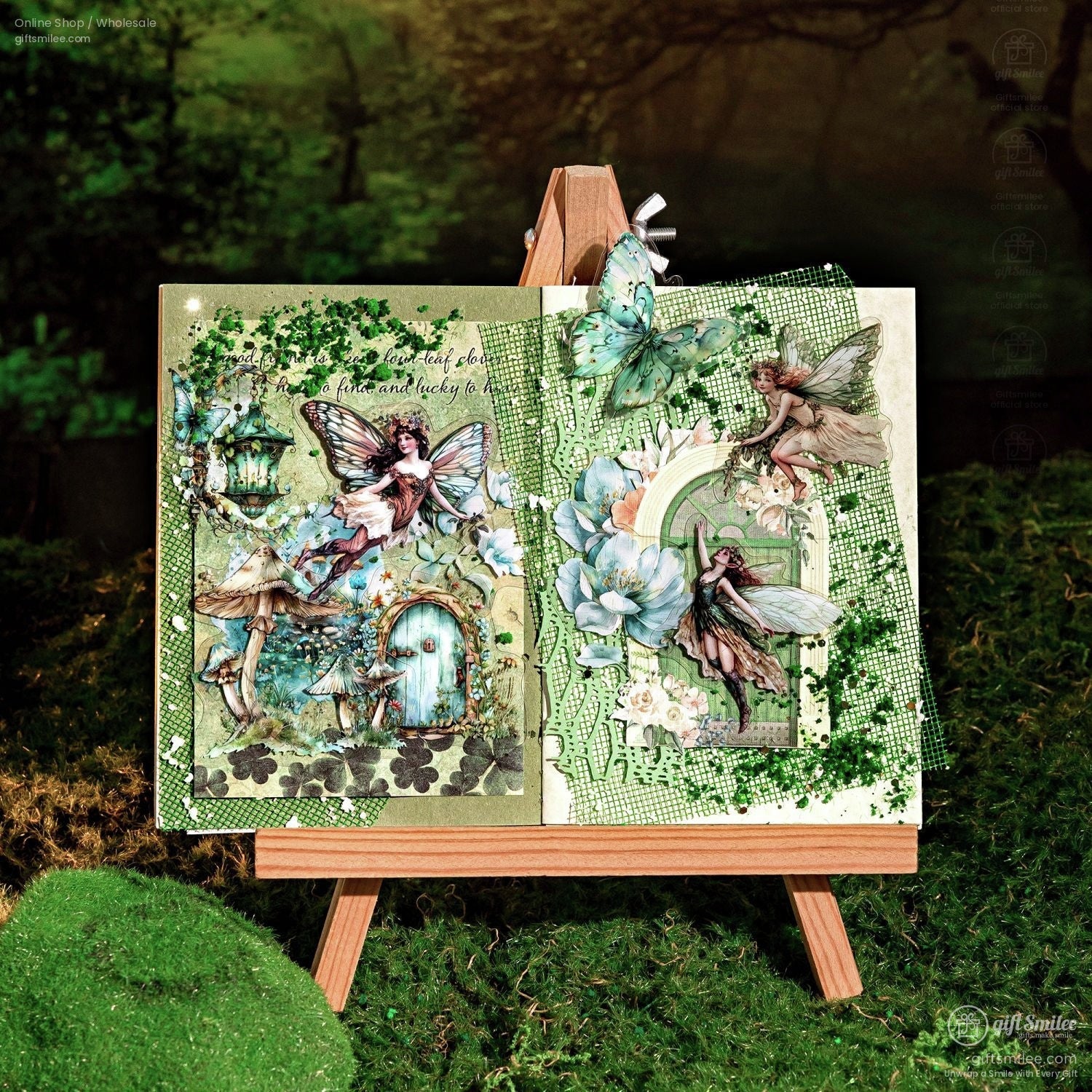 Handmade fairy-themed scrapbook layout with green floral accents, butterflies, and enchanted door embellishments on an easel.