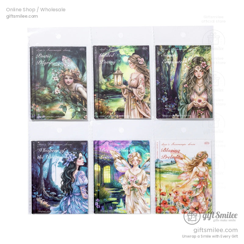 Set of six fairy-themed PET sticker packs with illustrated fantasy women in nature, ideal for journaling and scrapbooking, by Giftsmilee.