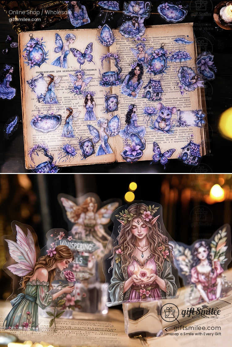 Vintage-style fairy and butterfly sticker set displayed on an open book, whimsical fantasy theme for journaling and crafts in purple tones.