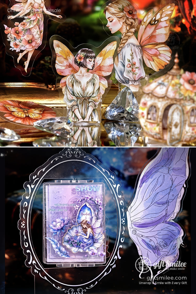 Holographic fairy-themed stickers and washi set with pastel butterflies and fantasy art, ideal for scrapbooking and journaling gifts on Shopify.