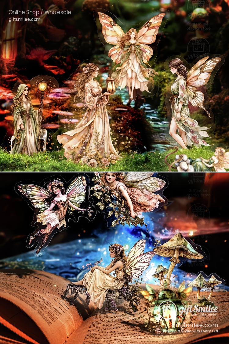 Enchanted fairy figurines in a mystical forest scene with glowing mushrooms and lantern