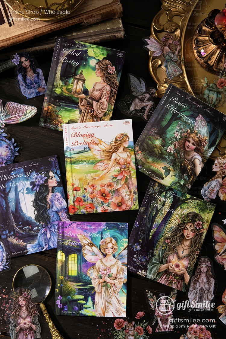 Flat lay of fantasy art notebooks with fairy and nature illustrations on a dark desk, whimsical stationery set for journaling and gifts.