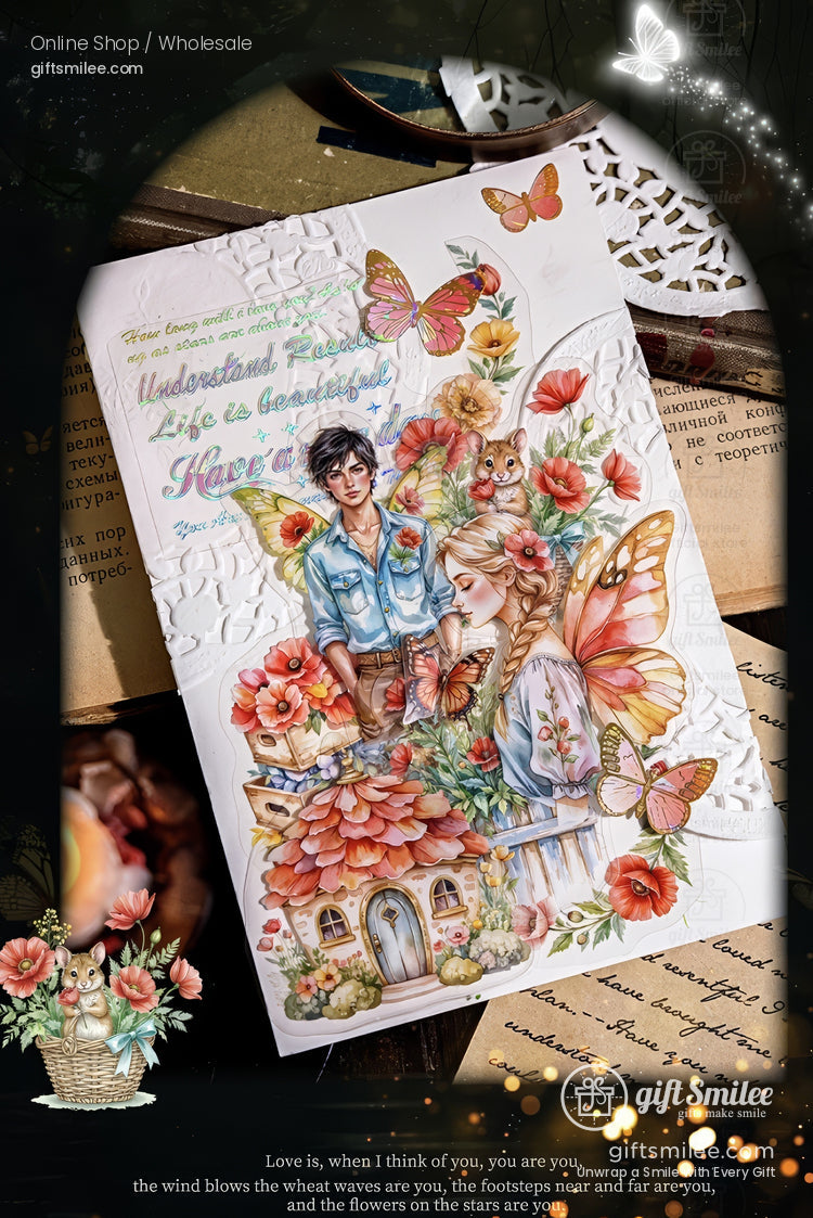 Whimsical greeting card with butterfly fairies, flowers, and a romantic couple illustration on embossed white paper, product display by giftsmilee for Shopify.