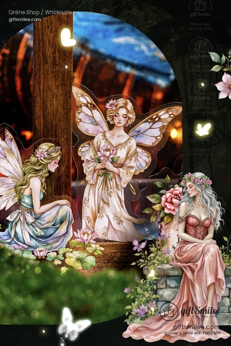 Enchanted garden scene with three pastel fairy figurines and glowing butterflies, whimsical fantasy artwork by Giftsmilee.