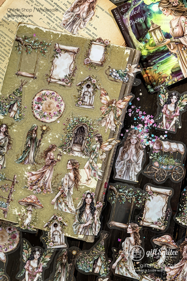 Vintage fairy-themed scrapbook stickers set with whimsical elves, mushrooms, carriages, frames, and woodland elements on kraft and black backing sheets for journaling and crafts.