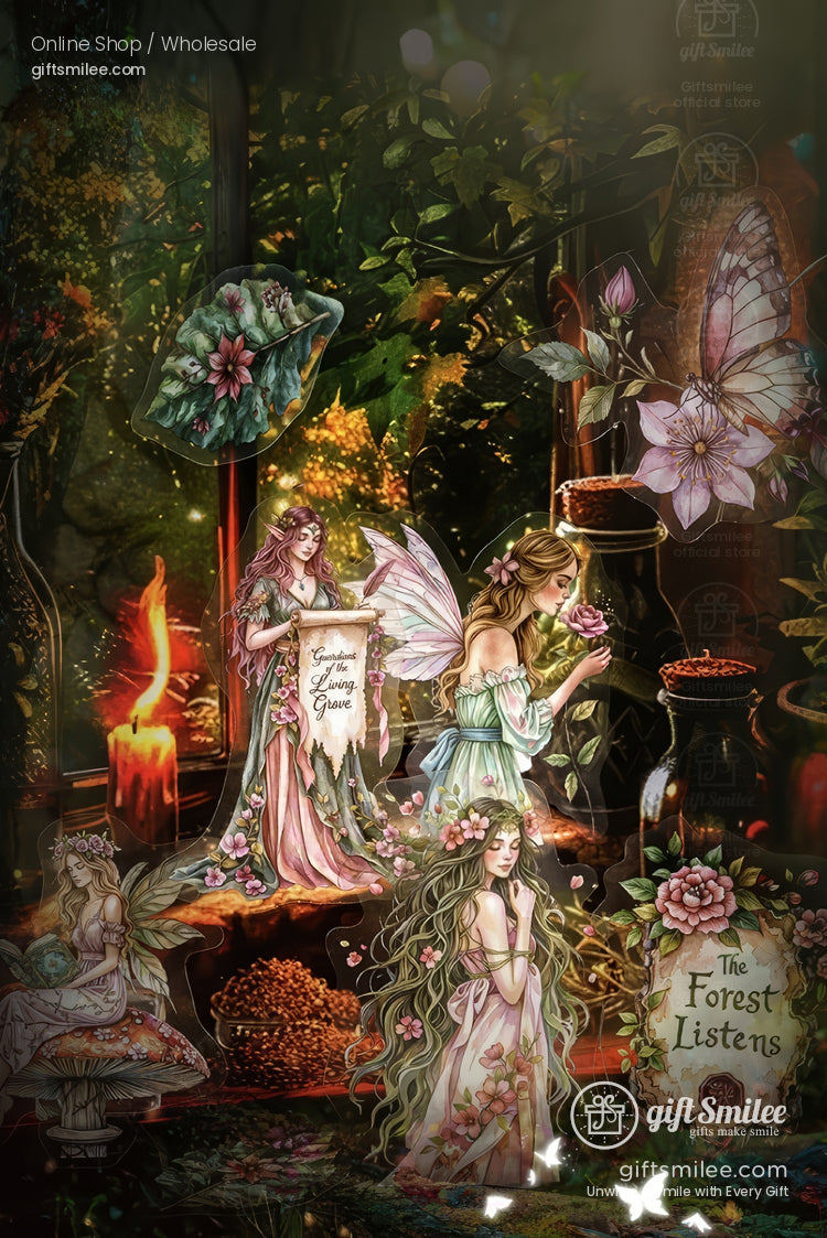 Enchanted forest fairy artwork poster with whimsical florals, candles, and “The Forest Listens” text by giftsmilee for home decor or gift shop displays