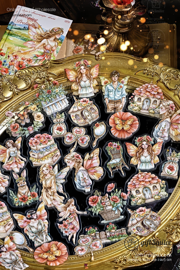 Vintage-style fairy and cottagecore sticker set displayed on ornate gold tray with florals and whimsical characters.