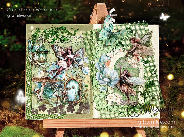 Fairy-themed scrapbook journal pages with vintage green design, butterflies, and whimsical cottage illustrations displayed on an easel (giftsmilee).