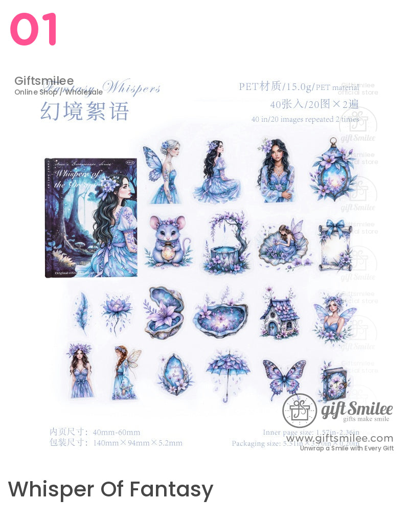 “Whisper Of Fantasy PET sticker set – 40pcs blue-purple fairy and dreamy elements for journaling and scrapbooking”
