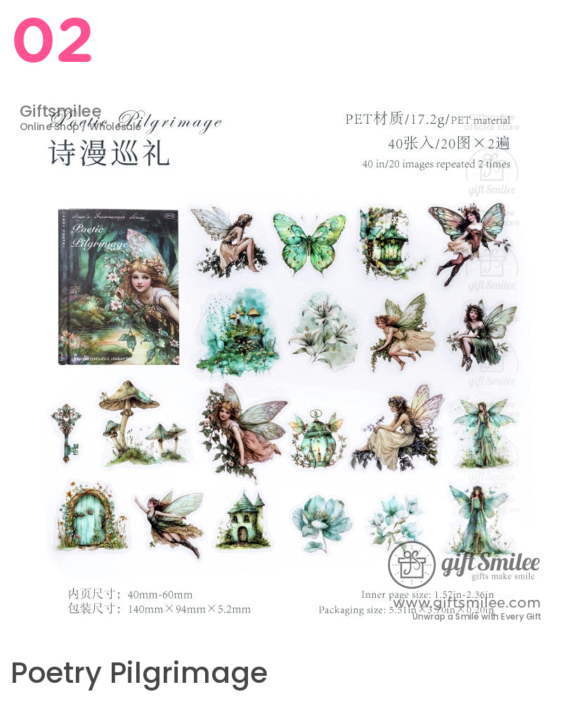 “Poetry Pilgrimage fairy and butterfly sticker set on PET material – vintage green fantasy decals for journaling and scrapbooking by Giftsmilee”
