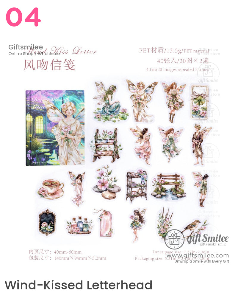 Wind-Kissed Letterhead fairy stickers set – pastel PET decals with angels, flowers, and vintage stationery by GiftSmilee for scrapbooking and journals