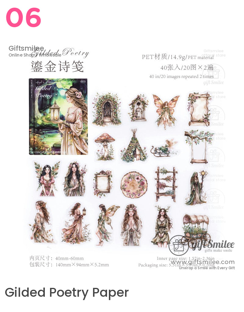 “Gilded Poetry Paper sticker set – fantasy fairy and cottagecore designs PET material, 40 pieces for scrapbooking and journaling”