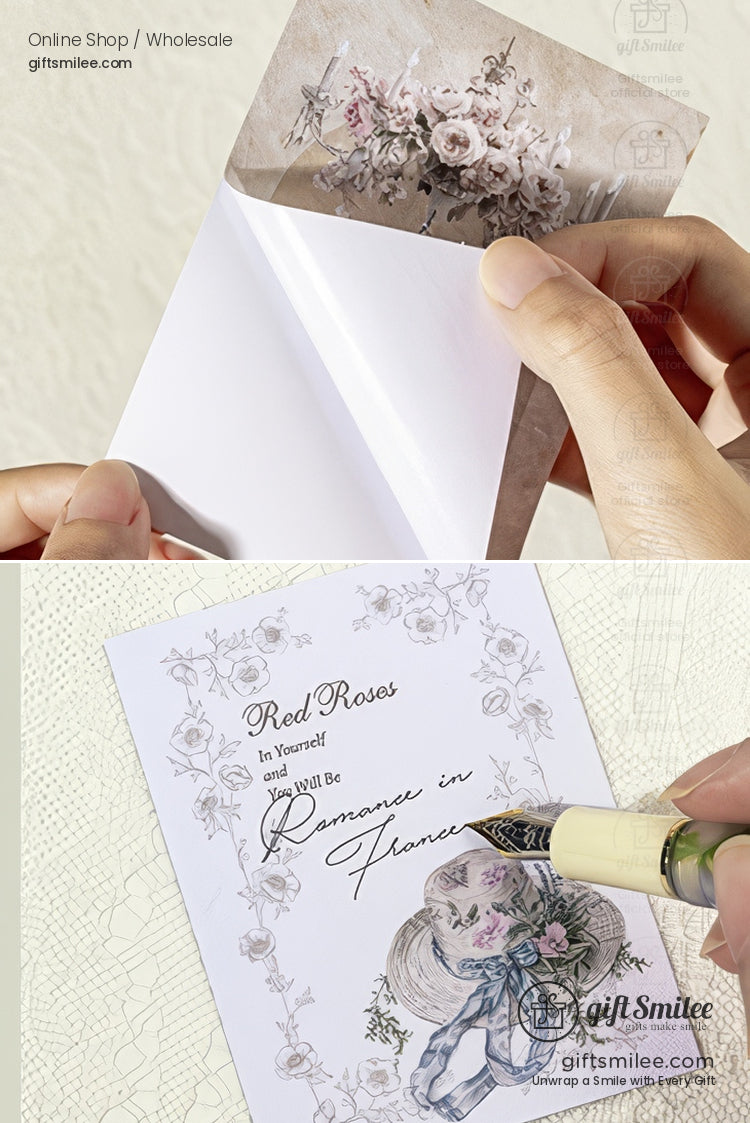 Vintage floral letter set with peel-and-stick envelope liner and decorative stationery being written with a fountain pen from GiftSmilee.