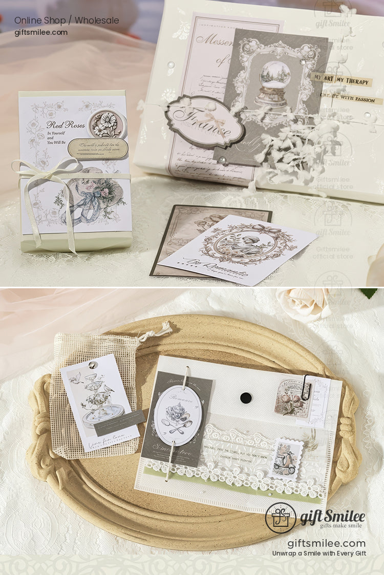 Vintage-inspired wedding stationery set with lace details and neutral tones displayed on tray and table, by giftSmilee.