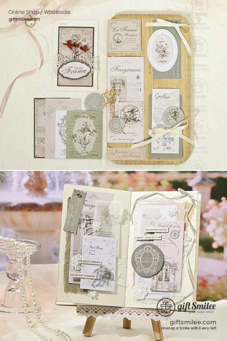 Vintage-style stationery and scrapbook embellishment set with floral tags, lace, and pastel ephemera displayed on boards — ideal for wedding or journaling crafts.