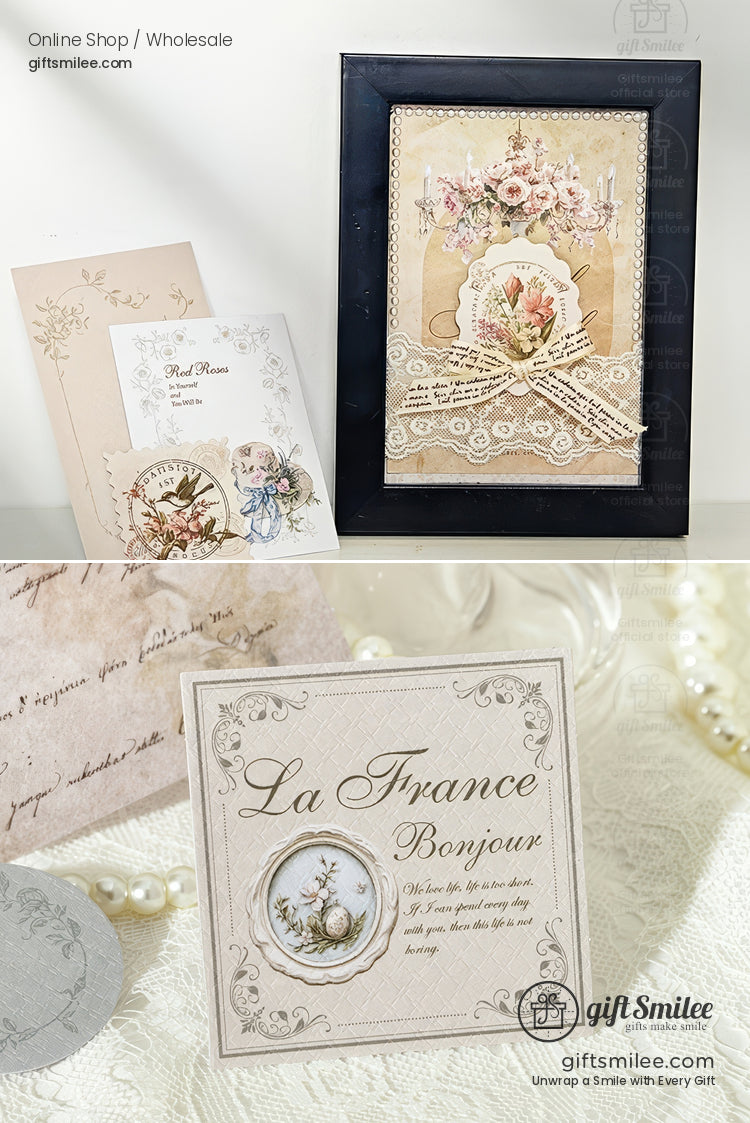 Vintage floral French-style greeting cards and framed lace design by giftSmilee, shabby chic stationery set for weddings and anniversaries