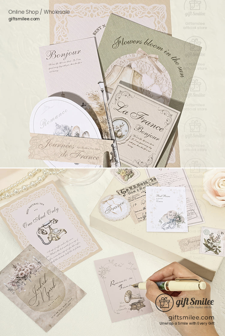 Vintage French-inspired greeting cards and stationery set in neutral pastel tones, ideal for weddings and gift notes, by GiftSmilee.