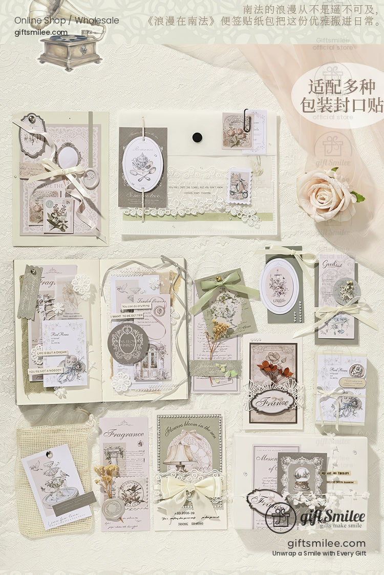 Vintage floral stationery and gift tags set in neutral pastel tones with lace, ribbons, and botanical illustrations from giftsmilee for packaging and scrapbooking.