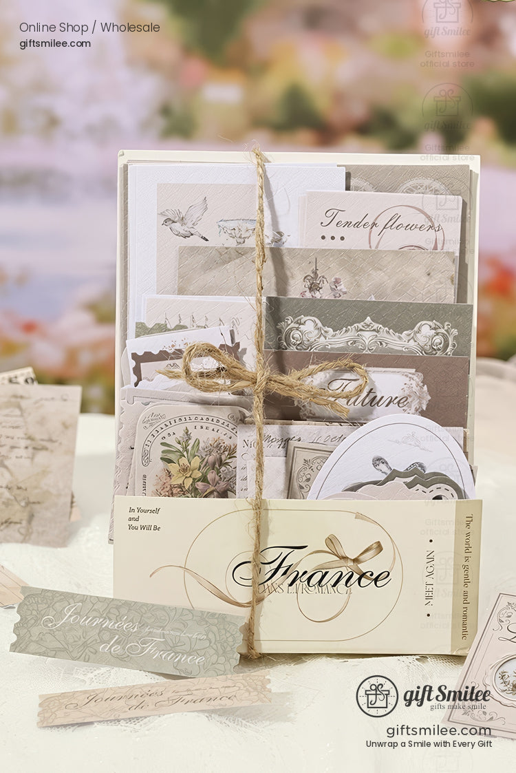 Vintage French-themed stationery gift set tied with twine, assorted cards and labels by GiftSmilee for scrapbooking and journaling