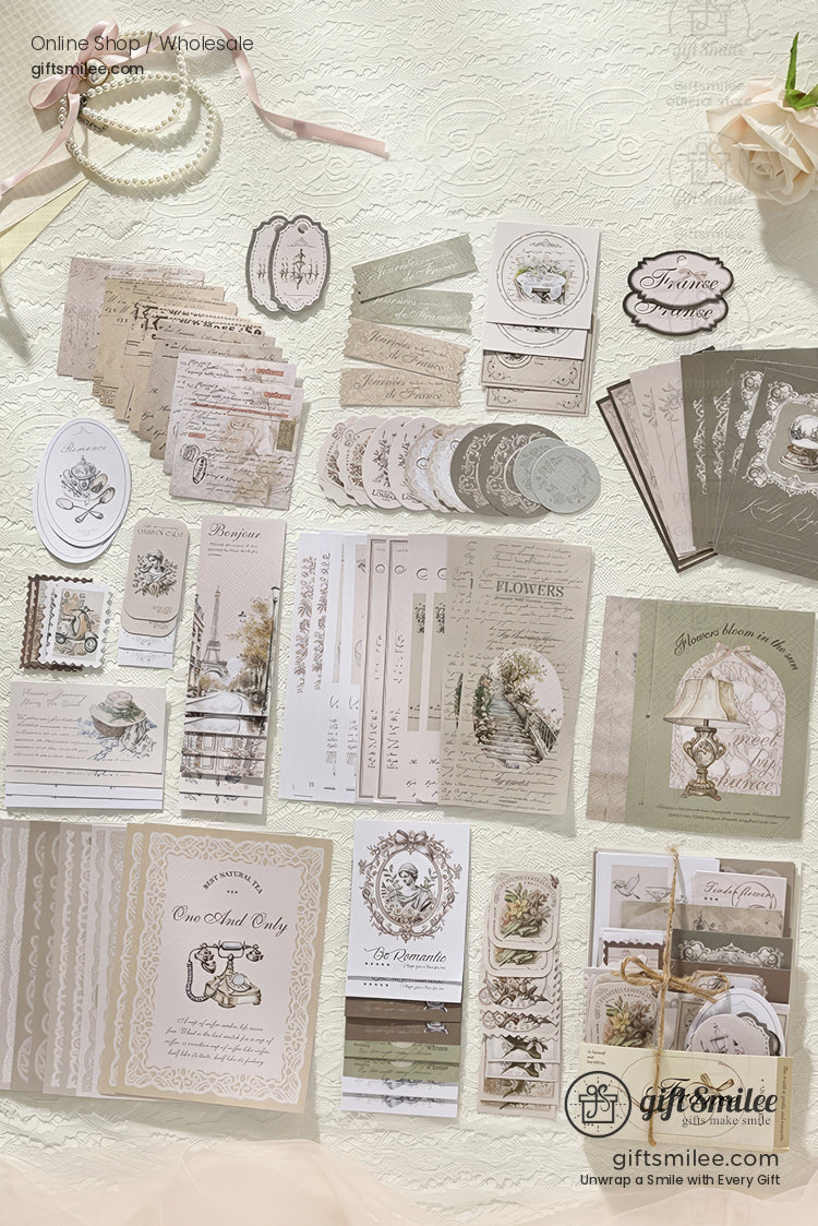 Vintage floral stationery set with neutral pastel journaling cards, tags, and stickers for scrapbooking and giftsmilee branding