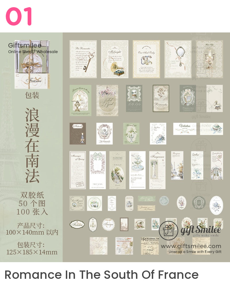“Vintage French-themed sticker pack ‘Romance in the South of France’ – assorted postcards, labels, and tags by Giftsmilee for scrapbooking and journaling”