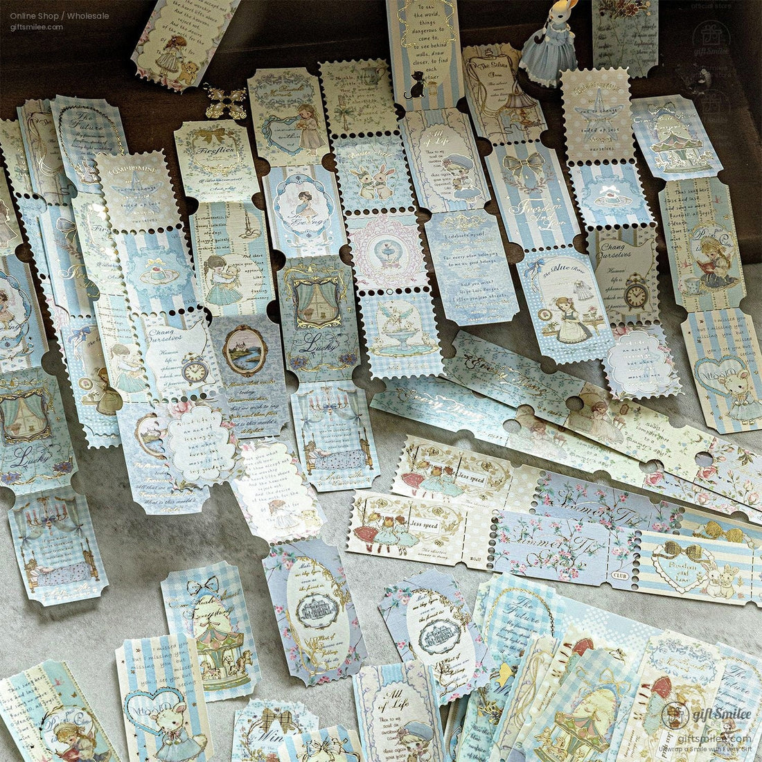 Vintage pastel tea-themed paper ephemera set – decorative journaling cards and bookmarks in Morning Dawn, Forest, Afternoon Sweet Tea, and Light Blue Nocturne designs on rustic table.