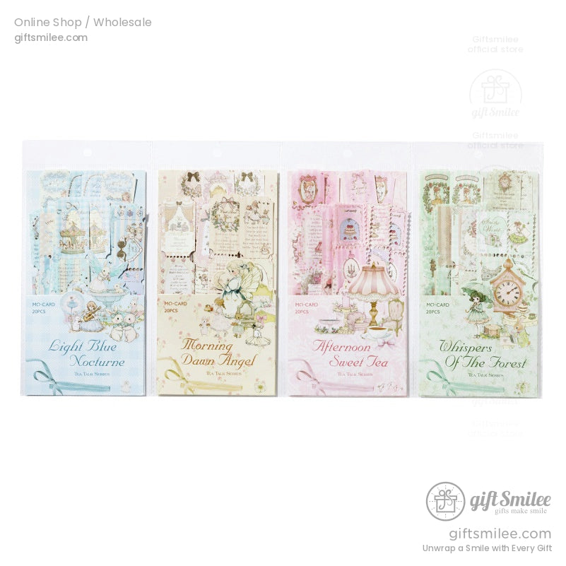 Vintage tea-themed sticker set – Light Blue Nocturne, Morning Dawn Angel, Afternoon Sweet Tea, Whispers of the Forest – 20pcs each, pastel aesthetic stationery by giftSmilee.