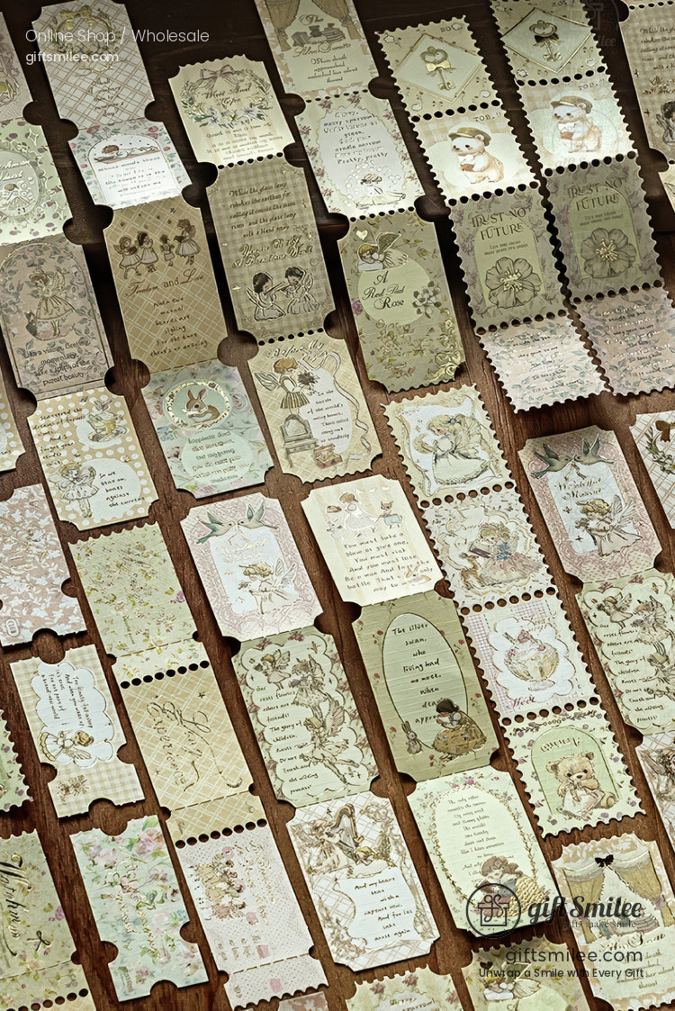 Vintage-style kraft paper tickets and tags set with floral and fairy illustrations for scrapbooking and journaling crafts