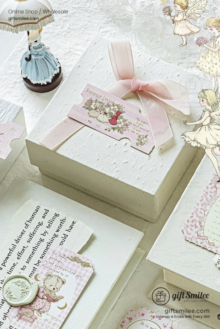 Vintage-inspired white gift box with pink ribbon and floral tag, shabby chic stationery and fairy illustrations by giftSmilee