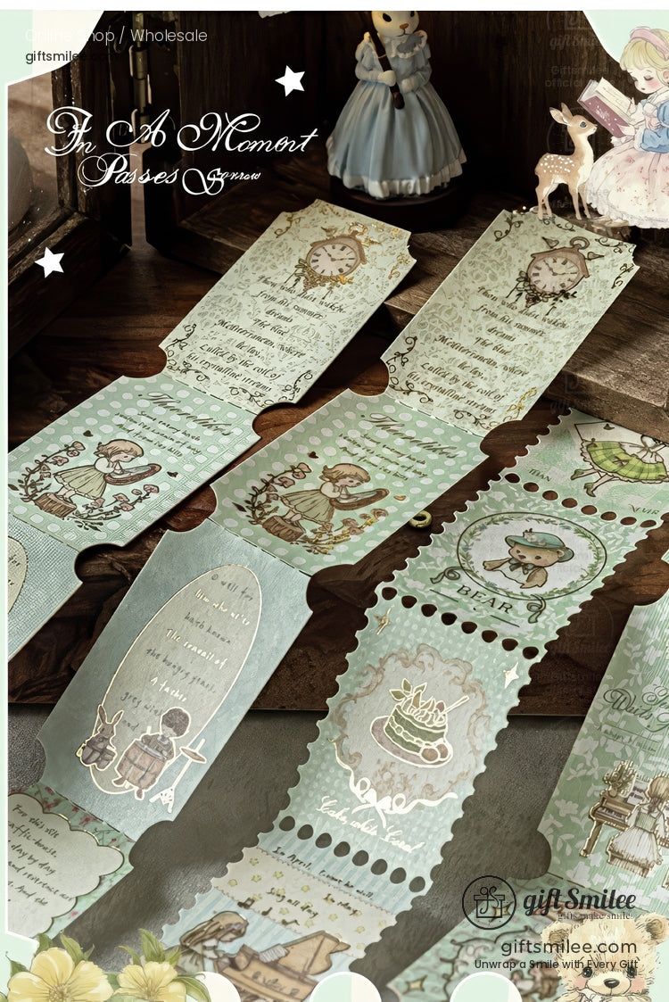 Vintage-style pastel green scrapbook tickets with whimsical illustrations and lace edges, decorative stationery for journaling and crafts.