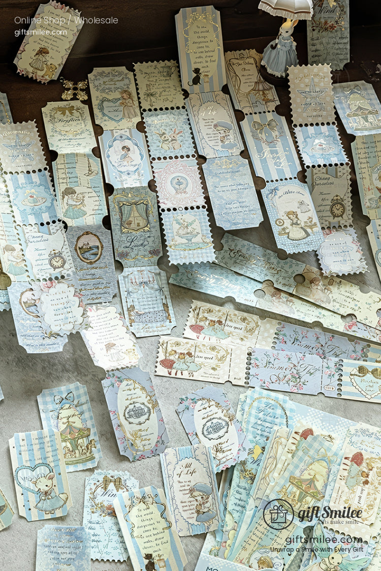 Vintage-style blue scrapbook tickets and tags set for journaling, collage, and craft supplies from giftSmilee