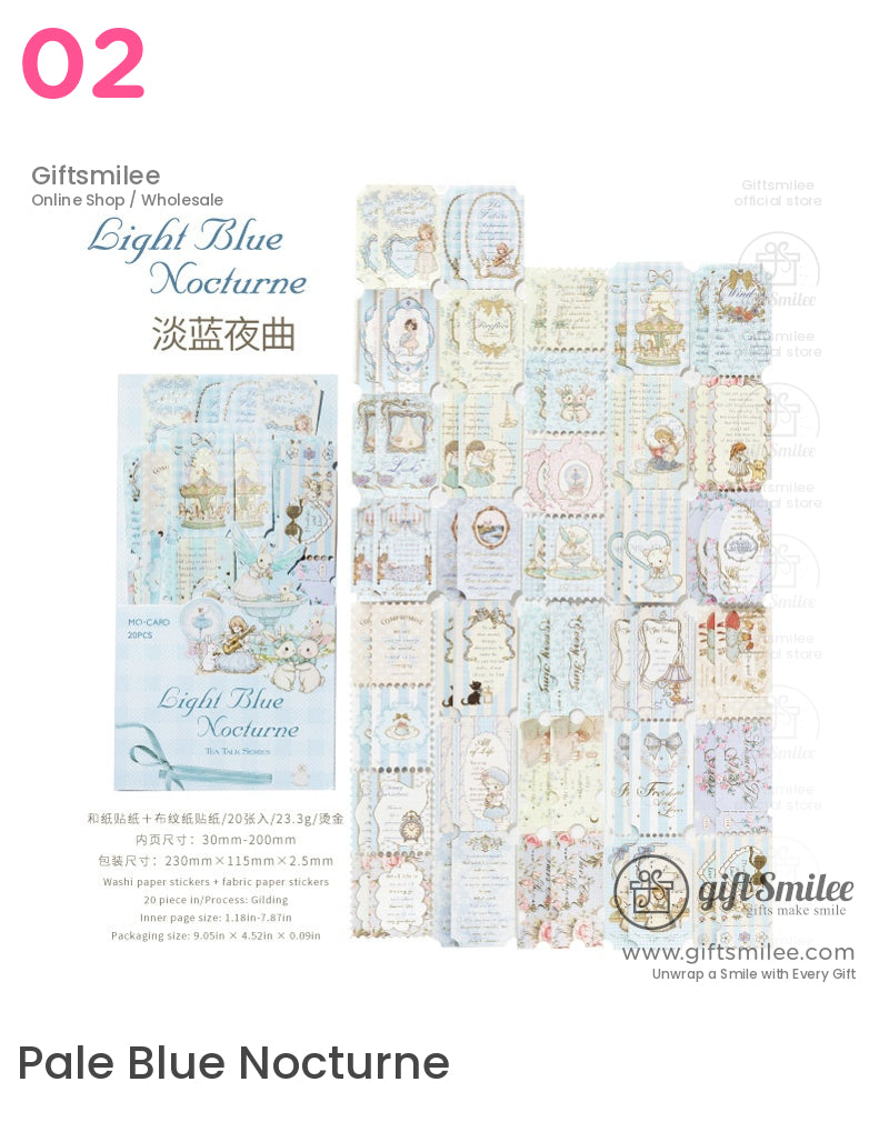 Light Blue Nocturne washi and fabric sticker set – pastel vintage ticket designs by Giftsmilee, 20 pieces, decorative stationery for journaling and scrapbooking.