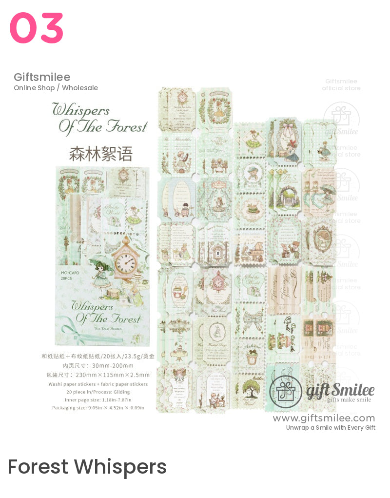 “Whispers of the Forest washi and fabric paper sticker set by Giftsmilee – pastel green woodland-themed journaling stickers”