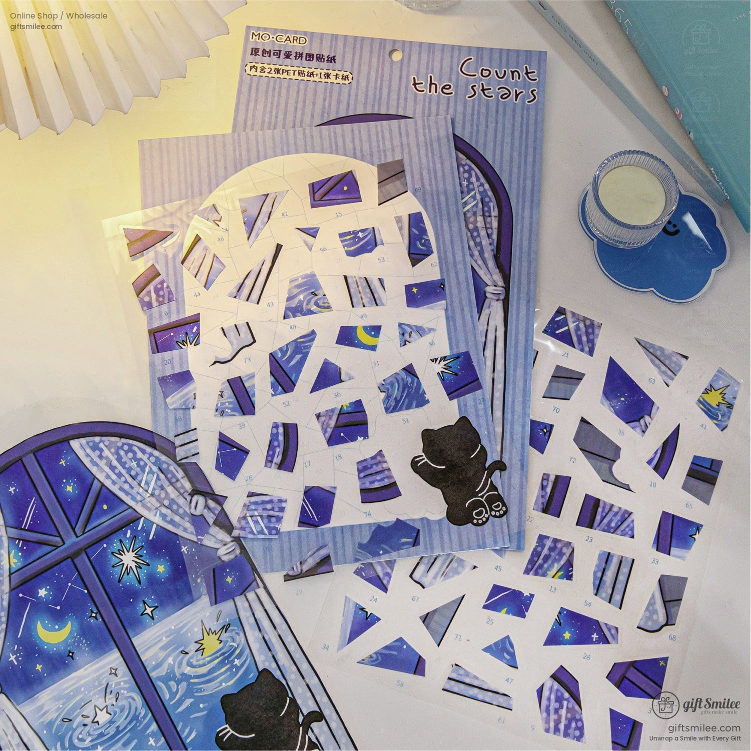 “Count the Stars window-themed sticker sheet set with black cat and blue night sky designs for scrapbooking”
