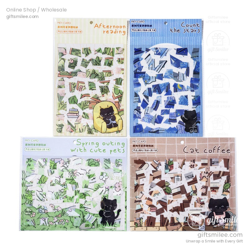 Set of four MO-CARD cat-themed sticker packs — Afternoon Reading, Count the Stars, Spring Outing with Cute Pets, and Cat Coffee — kawaii black cat designs for scrapbooking and journaling.