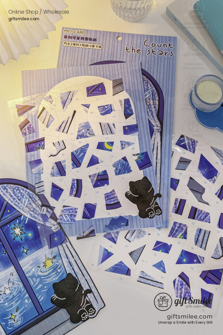 “Count the Stars blue window-themed sticker sheets with black cat design – MO-CARD stationery set from Giftsmilee”