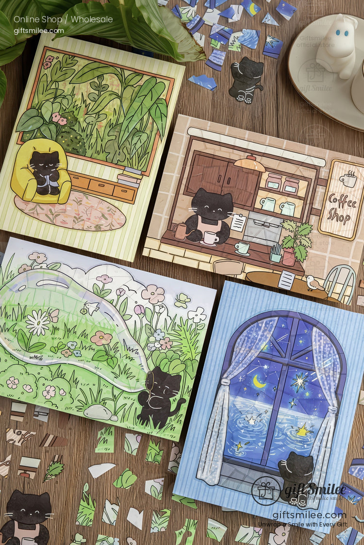 Cute black cat stationery postcards set on wooden desk, cozy indoor and nature scenes illustration by Giftsmile for journaling and scrapbooking