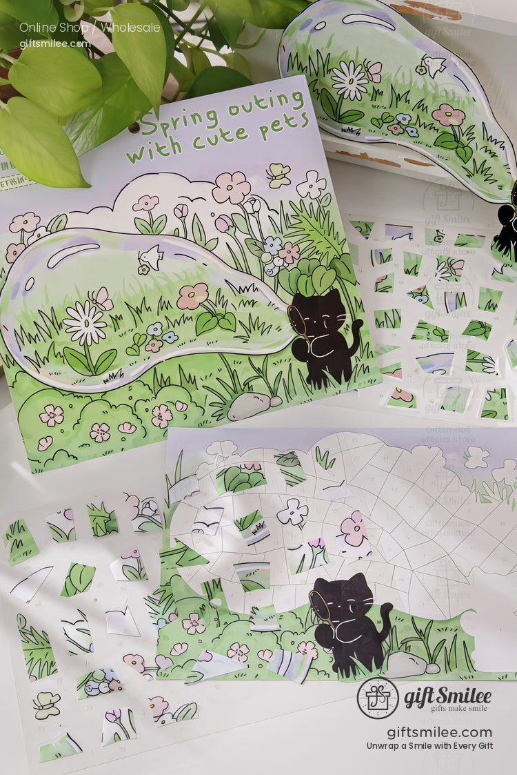 Cute pet-themed spring outing sticker sheet set with black cat design from Giftsmilee, kawaii gardening and meadow illustrations for planners and crafts